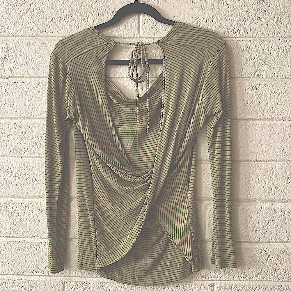 Unique Open Back Bow tie Long Sleeve Ribbed Green Striped Gray Brown Women’s Sml